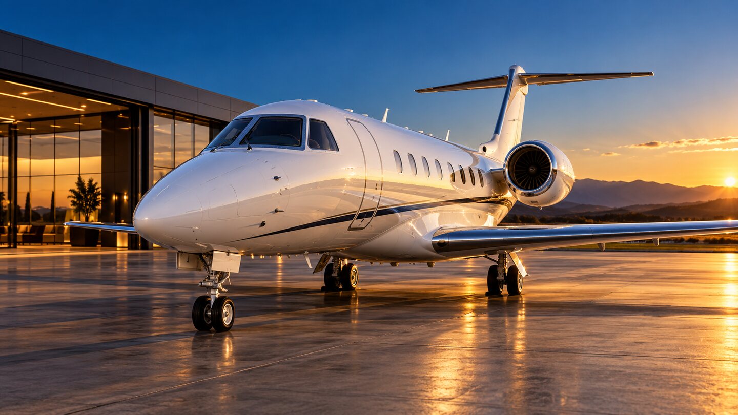 White private jet on an FBO ramp at golden hour